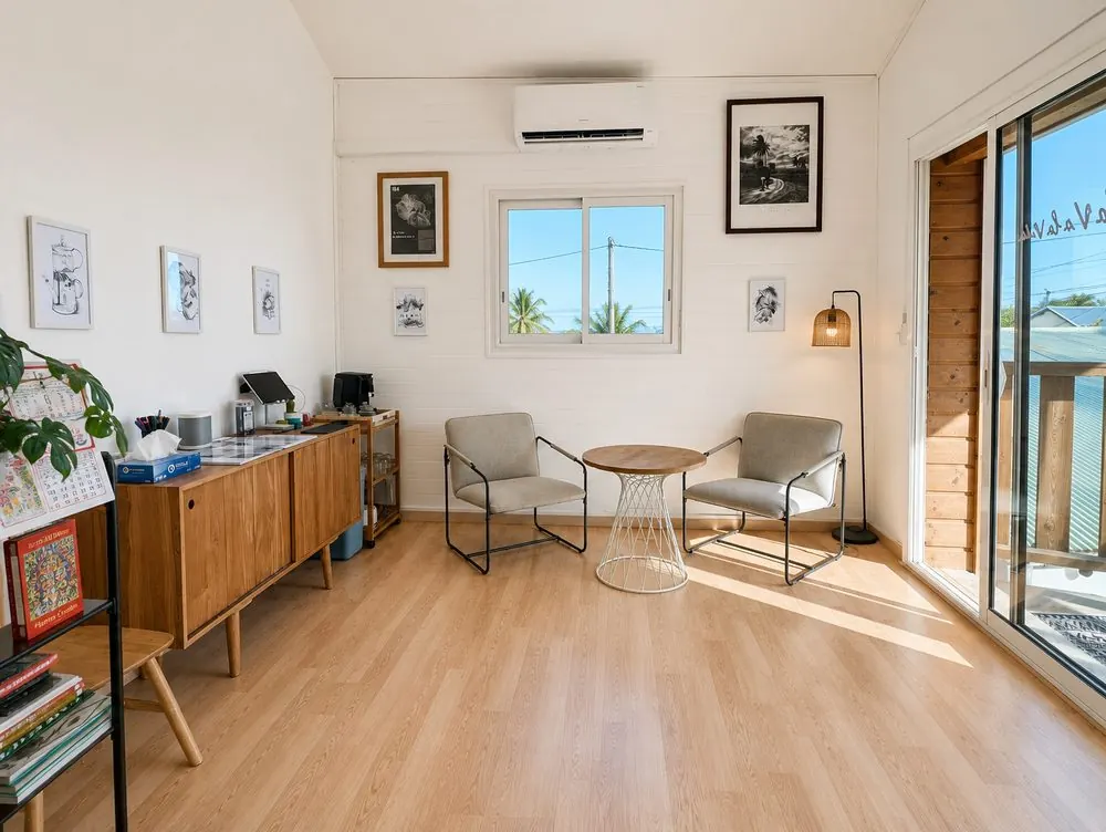 Espace d’accueil du studio, mis à disposition des artistes invités